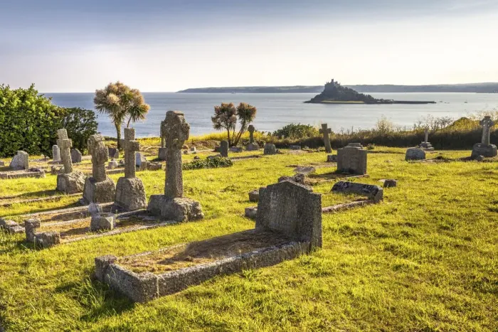 Framed Print : Old Marazion Cemetery and view of St. Michael`s Mount, Cornwall, England Framed Print : Old Marazion Cemetery and view of St. Michael`s Mount, Cornwall, England