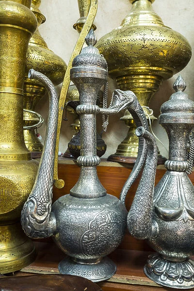 Old metal jugs in a Souk, Dubai, United Arab Emirates