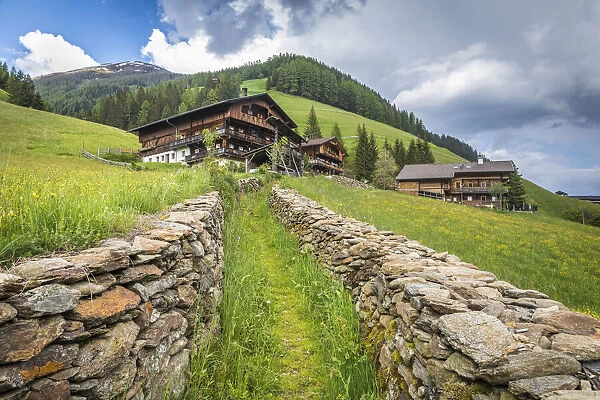 Old path and mountain farms above Innervillgraten, Villgratental, East Tyrol, Tyrol, Austria