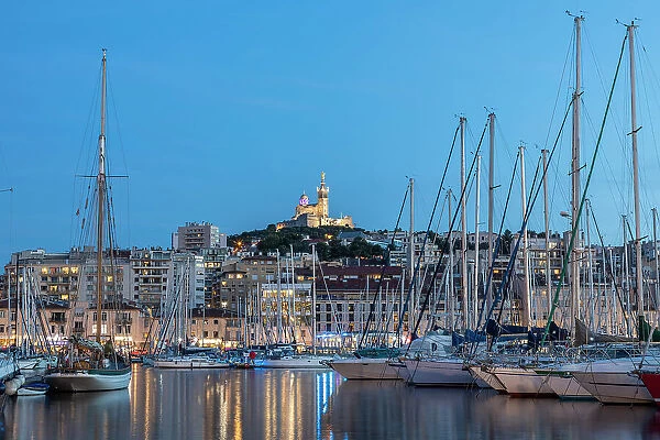 The Old Port of Marseille and Notre-Dame de la Garde at Dusk, Marseille, Provence-Alpes-Cote d'Azur, France