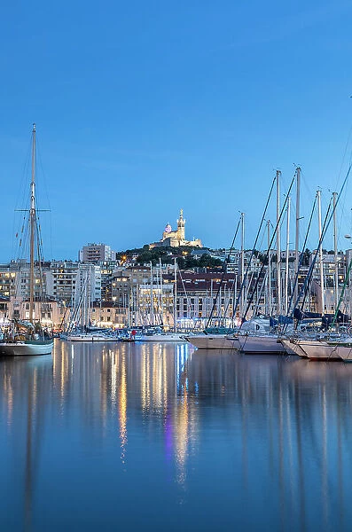 The Old Port of Marseille and Notre-Dame de la Garde at Dusk, Marseille, Provence-Alpes-Cote d'Azur, France