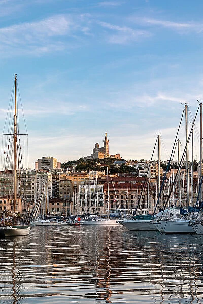 The Old Port of Marseille and Notre-Dame de la Garde at Sunset, Marseille, Provence-Alpes-Cote d'Azur, France