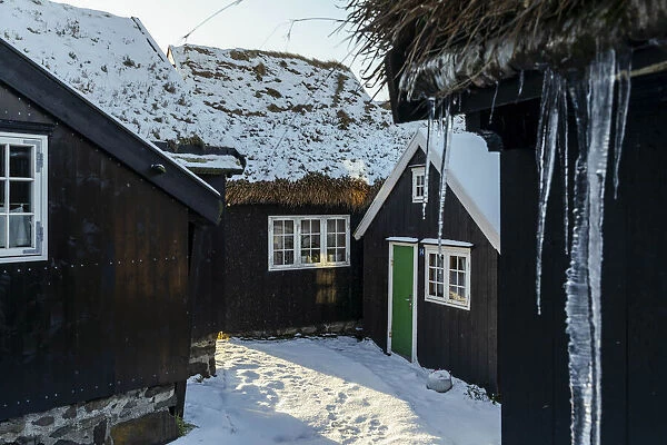 The old Reyn area in Torshavn covered by snow. Streymoy, Faroe Islands