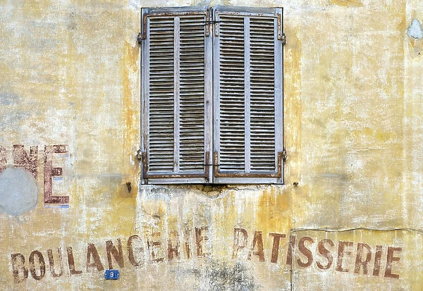 Old shutters and weathered Boulangerie-Patisserie bakery sign, Cassis, Bouches-du-Rha'ne
