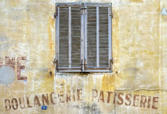 Framed Print : Old shutters and weathered Boulangerie-Patisserie bakery sign, Cassis, Bouches-du-Rha'ne