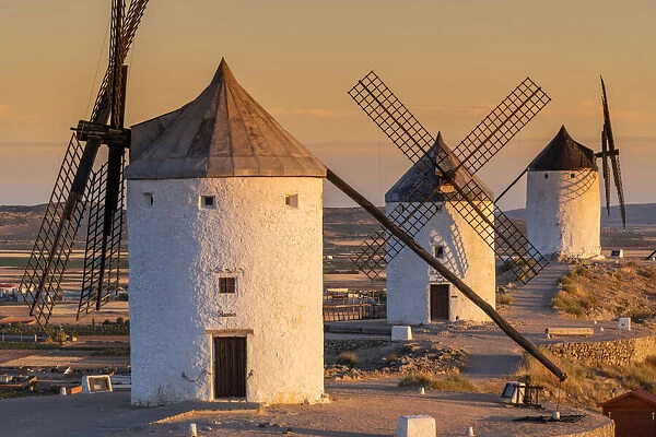Old Spanish windmills at sunrise, Consuegra, Castilla-La Mancha, Spain