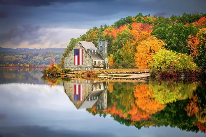 Framed Print : Old Stone Church in West Boylston, decorated with an american Flag, West Boylston, Massachusetts, New England, USA Framed Print : Old Stone Church in West Boylston, decorated with an american Flag, West Boylston, Massachusetts, New England, USA