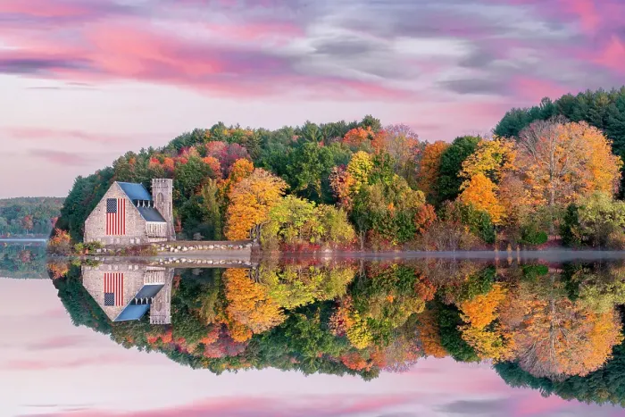 Framed Print : Old Stone Church in West Boylston, decorated with an american Flag, West Boylston, Massachusetts, New England, USA Framed Print : Old Stone Church in West Boylston, decorated with an american Flag, West Boylston, Massachusetts, New England, USA