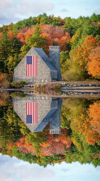 Framed Print : Old Stone Church in West Boylston, decorated with an american Flag, West Boylston, Massachusetts, New England, USA Framed Print : Old Stone Church in West Boylston, decorated with an american Flag, West Boylston, Massachusetts, New England, USA