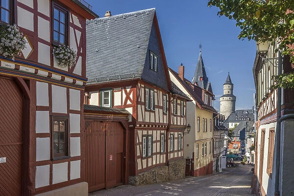 Old town alley in Idstein with Hexenturm, Hesse, Germany
