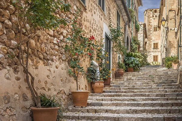 Old town alley in the village of Fornalutx, Mallorca, Spain