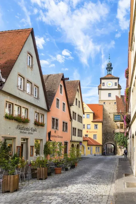 Framed Print : Old town cobblestone street with timber framed houses, Rothenburg ob der Tauber, Bavaria