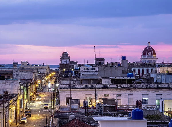 Old town at dusk, elevated view, Cienfuegos, Cienfuegos Province, Cuba