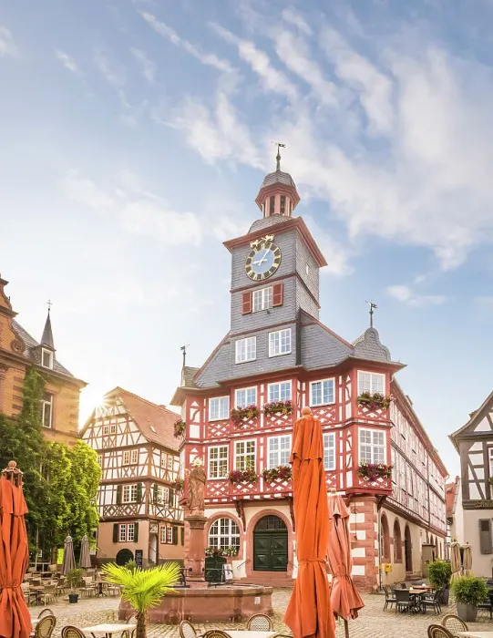 Framed Print : Old town hall and historic half-timbered houses on the market square of Heppenheim, southern Hesse, Hesse, Germany