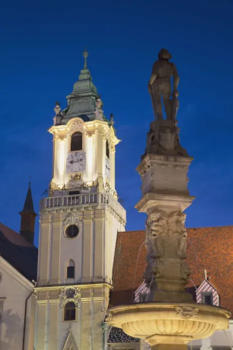 Framed Print : Old Town Hall and Rolands Fountain in Hlavne Nam (Main Square) at dusk Framed Print : Old Town Hall and Rolands Fountain in Hlavne Nam (Main Square) at dusk