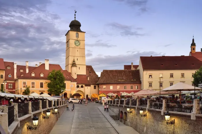 Framed Print : Old Town Hall Tower (Council Tower) and Piata Mica at dusk. Sibiu, Transylvania. Romania Framed Print : Old Town Hall Tower (Council Tower) and Piata Mica at dusk. Sibiu, Transylvania. Romania