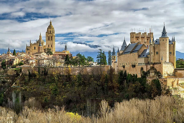 Old town skyline with Alcazar castle and Cathedral, Segovia, Castile and Leon, Spain
