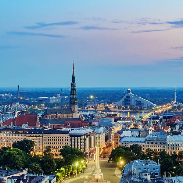 Old Town Skyline at dusk, elevated view, Riga, Latvia