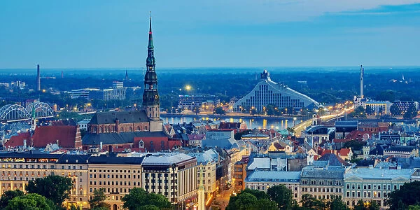 Old Town Skyline at dusk, elevated view, Riga, Latvia