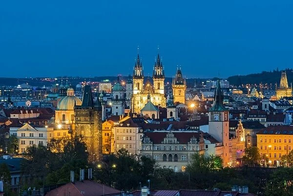 Old town skyline by night, Prague, Bohemia, Czech Republic