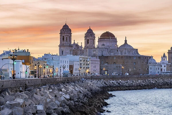 Old town skyline at sunrise with Cathedral, Cadiz, Andalusia, Spain