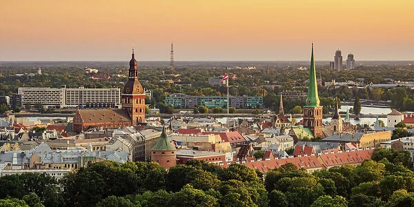 Old Town Skyline at sunset, elevated view, Riga, Latvia