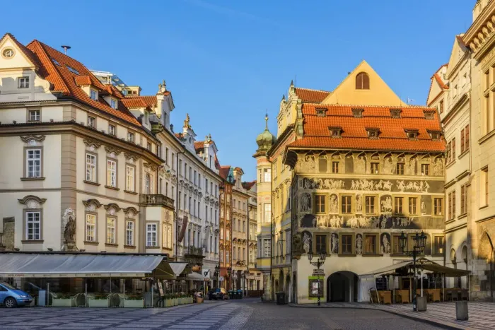 Framed Print : Old Town Square or Staromestske Namesti with the painted facade of House At The Minute Framed Print : Old Town Square or Staromestske Namesti with the painted facade of House At The Minute