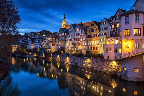 Old Town of TAobingen Reflecting in River Neckar at Night, Baden-WAorttemberg, Germany