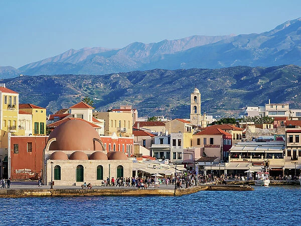 Old Town Waterfront and Kucuk Hasan Mosque, City of Chania, Crete, Greece