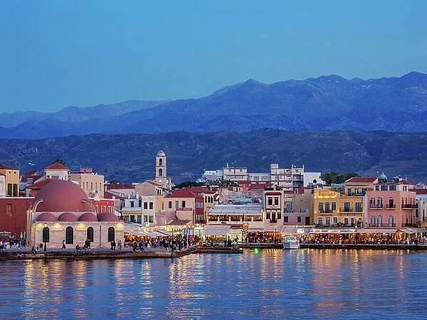 Old Town Waterfront and Kucuk Hasan Mosque at dusk, City of Chania, Crete, Greece