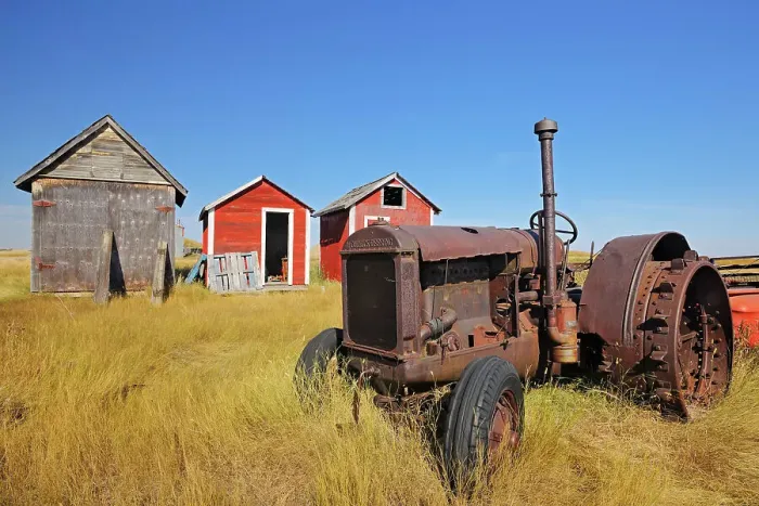 Framed Print : Old tractor and sheds Fusilier Saskatchewan, Canada