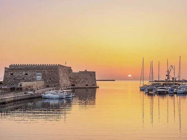 Old Venetian Port and The Koules Fortress at sunrise, City of Heraklion, Crete, Greece