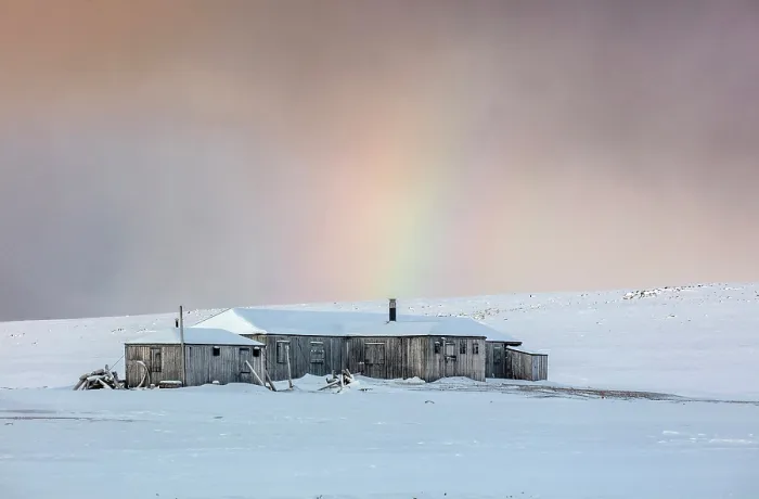 Framed Print : Old wooden cabins with rainbow in the background, Kinnvika, 1950s research station, Spitsbergen, Svalbard, Norway Framed Print : Old wooden cabins with rainbow in the background, Kinnvika, 1950s research station, Spitsbergen, Svalbard, Norway