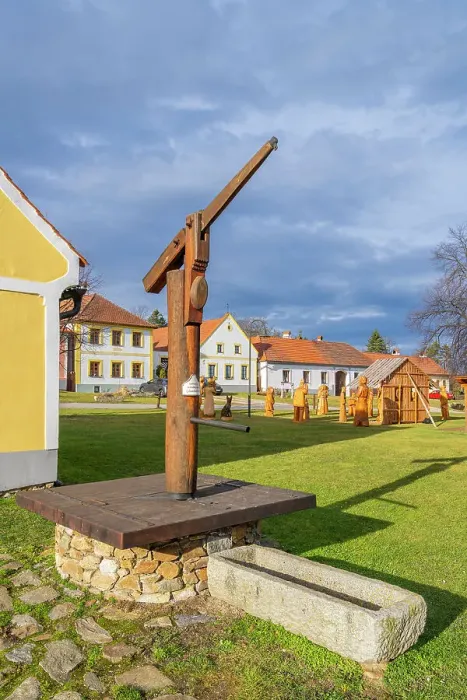 Framed Print : Old wooden pump at Holasovice square, UNESCO, Jankov, Ceske Budejovice, South Bohemian Region, Czech Republic Framed Print : Old wooden pump at Holasovice square, UNESCO, Jankov, Ceske Budejovice, South Bohemian Region, Czech Republic
