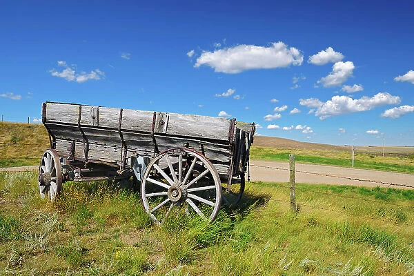Old wooden wagon on the prairie Rosenhof, Saskatchewan, Canada