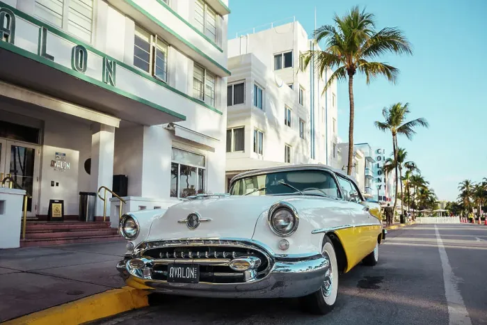 Framed Print : Oldsmobile Super 88 convertible parked in front of the Avalon Hotel, Ocean Drive, South Beach, Miami, Dade County, Florida, USA