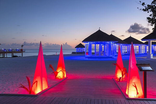 Olhuveli Beach and Spa Resort at sunset, South Male Atoll, Kaafu Atoll, Maldives (PR)