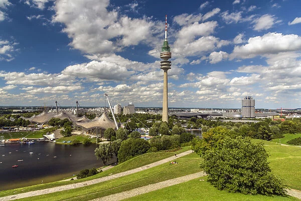 Olympiapark with Olympic tower or Olympiaturm and the Olympic stadium, Munich, Bavaria