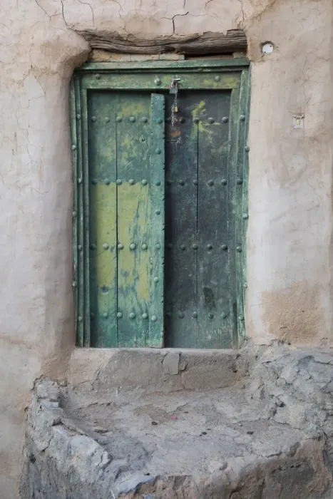Framed Print : Oman, Ad Dakhiliyah region, Al Hamra, Misfat Al Abreen, Old green, wooden door in Framed Print : Oman, Ad Dakhiliyah region, Al Hamra, Misfat Al Abreen, Old green, wooden door in