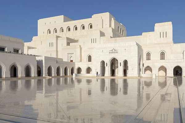Oman, Muscat, Shati Al-Qurm. The impressive Royal Opera House reflected in the marble