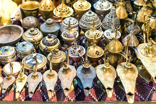 Oman, Muscat. Souvenirs for sale in the old souk of Mutrah
