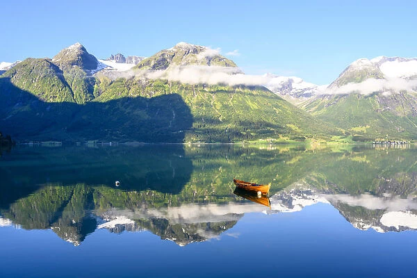 Oppstryn, Vestland, Norway. Morning reflections on the Oppstrynsvatn lake
