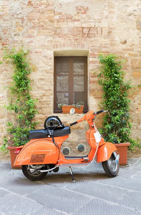 Framed Print : Orange moped against old building, San Quirico d'Orcia, Tuscany, Italy Framed Print : Orange moped against old building, San Quirico d'Orcia, Tuscany, Italy