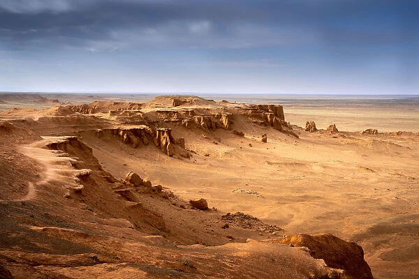 The orange rocks of Bayan Zag, commonly known as the Flaming Cliffs in the Gobi desert
