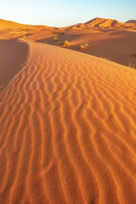 Framed Print : Orange sand dunes at sunset, Erg Chebbi, Sahara Desert, near Merzouga, Morocco