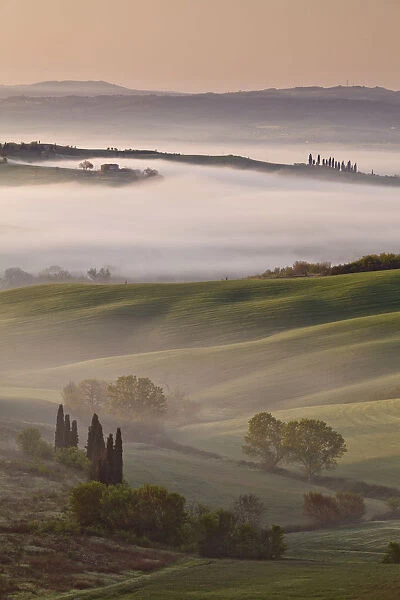 Orcia valley, Tuscany, Italy. Sunrise from the Belvedere farmhouse