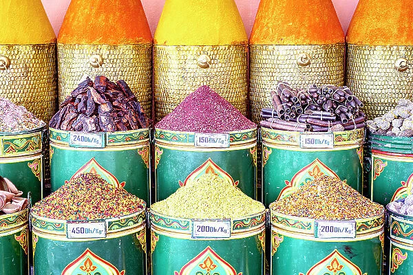 Organic spices and herbs in the street markets of Marrakesh, Morocco