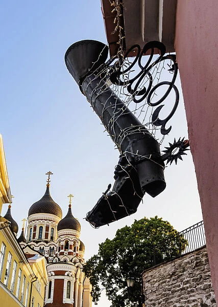 Ornamental Steel Boot in front of the Alexander Nevsky Cathedral, Old Town, Tallinn, Estonia