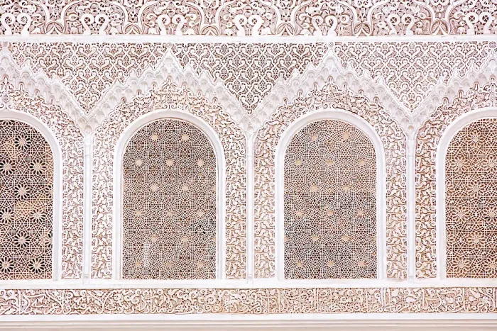 Framed Print : Ornate plasterwork, Ben Youssef Medersa (old Koranic school), Marrakech, Morocco