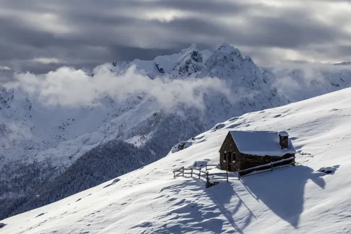 Framed Print : Orobie alps, chalet in winter at Gerola valley, Lombardy, Italy Framed Print : Orobie alps, chalet in winter at Gerola valley, Lombardy, Italy